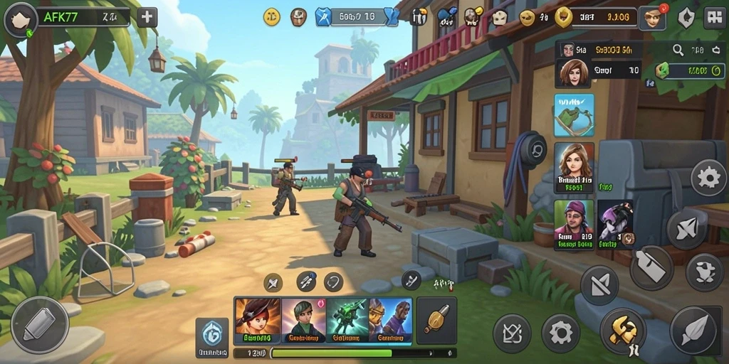Tampilan gameplay AFK77 dengan karakter yang mengumpulkan sumber daya otomatis.