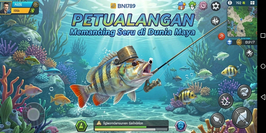 Screenshot gameplay BNI789 menunjukkan aktivitas memancing yang seru dan menantang.