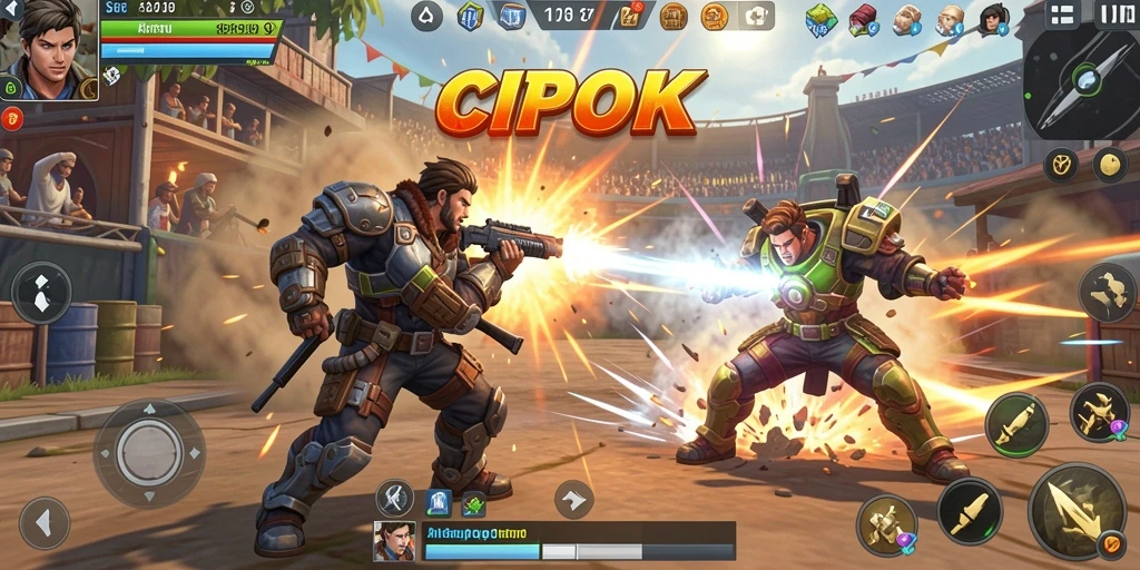 Tampilan gameplay pertarungan seru di CIPOK dengan karakter yang beraksi.