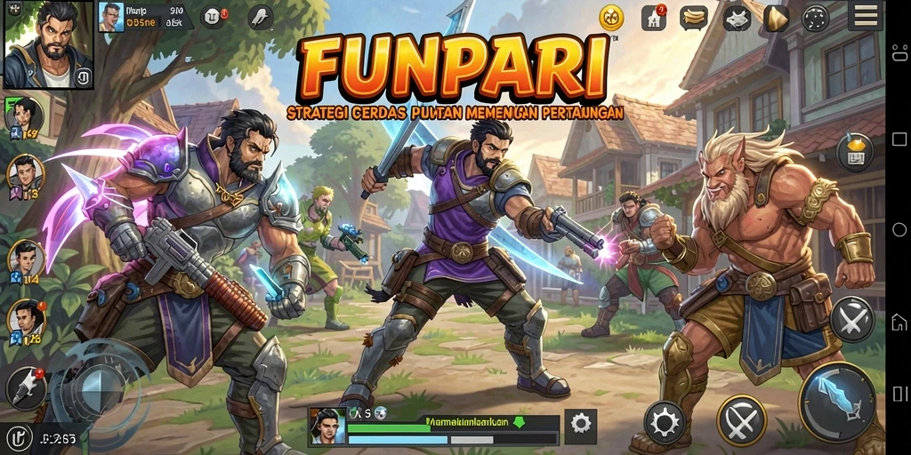 Screenshot utama FUNPARI menampilkan aksi pertempuran strategi yang intens.