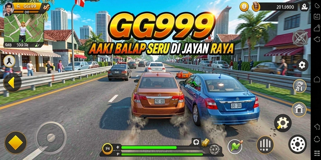 Screenshot menunjukkan momen seru balapan di GG999 dengan mobil yang melaju kencang.