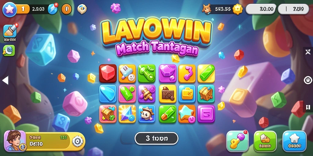 Tampilan layar permainan LAVOWIN yang penuh warna dengan elemen Match-3 yang menarik.