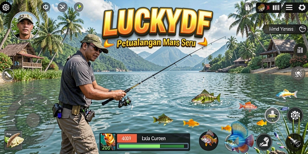 Screenshot gameplay LUCKYDF menampilkan aksi seru memancing di alam yang indah.