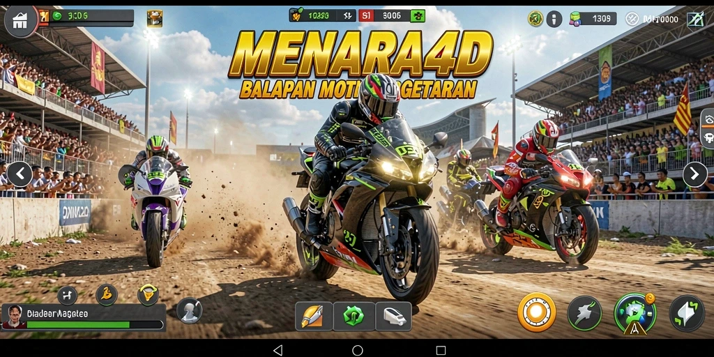 Tampilan utama gameplay MENARA4D dengan motor balap menakjubkan di jalur sirkuit.