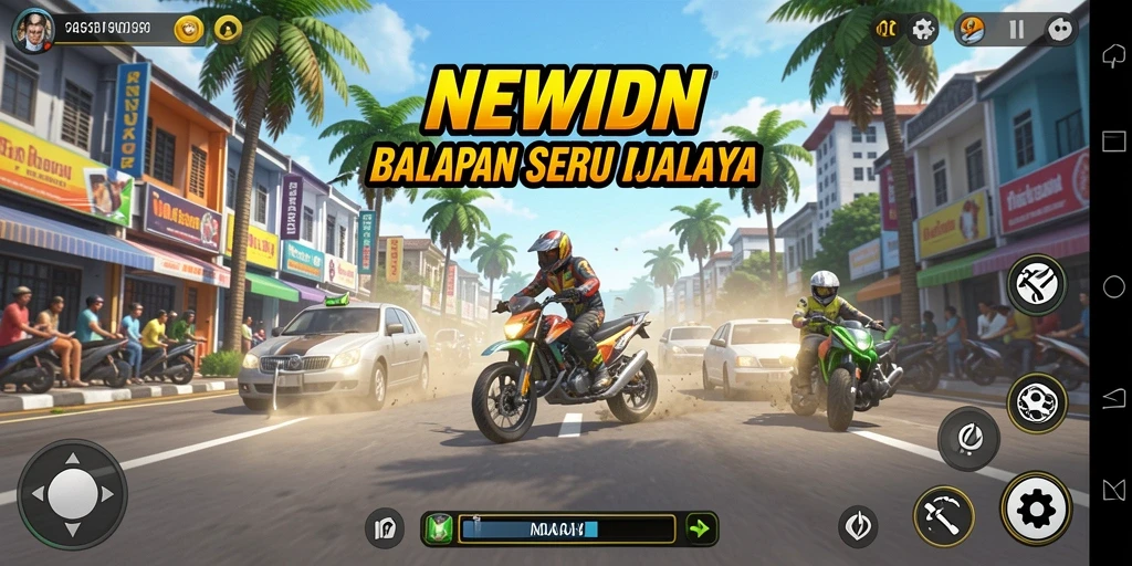Screenshot gameplay <strong>NEWIDN</strong> yang menunjukkan aksi balapan yang mendebarkan.
