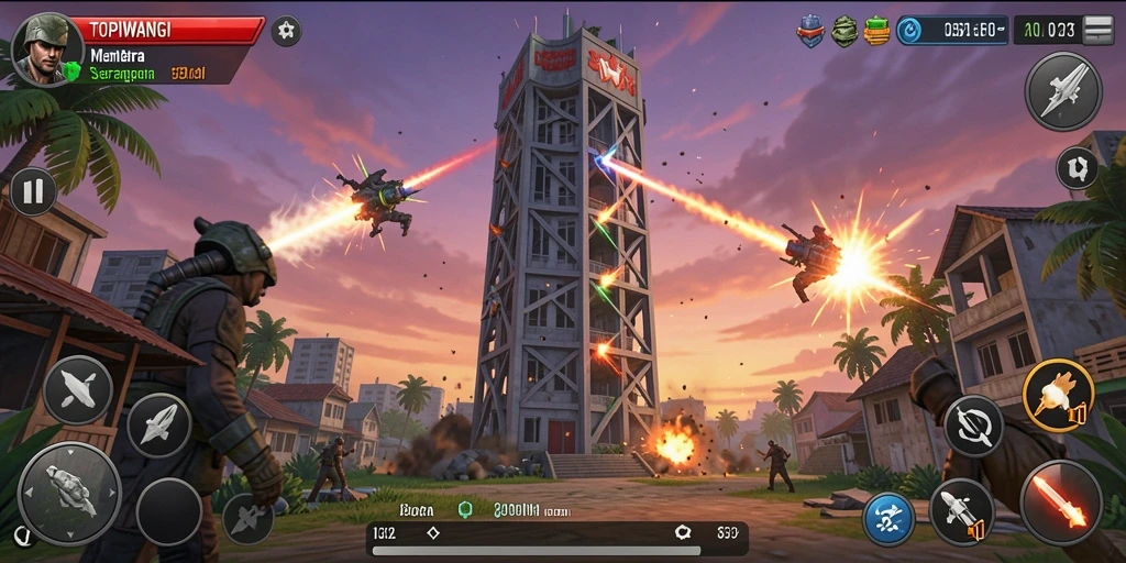 Tampilan gameplay seru dalam TOPIWANGI yang menampilkan menara dan musuh beragam.