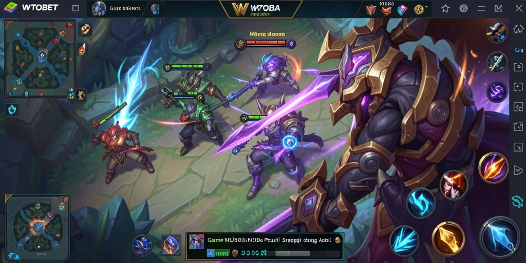 Screenshot utama menunjukkan pertempuran seru dalam game MOBA.